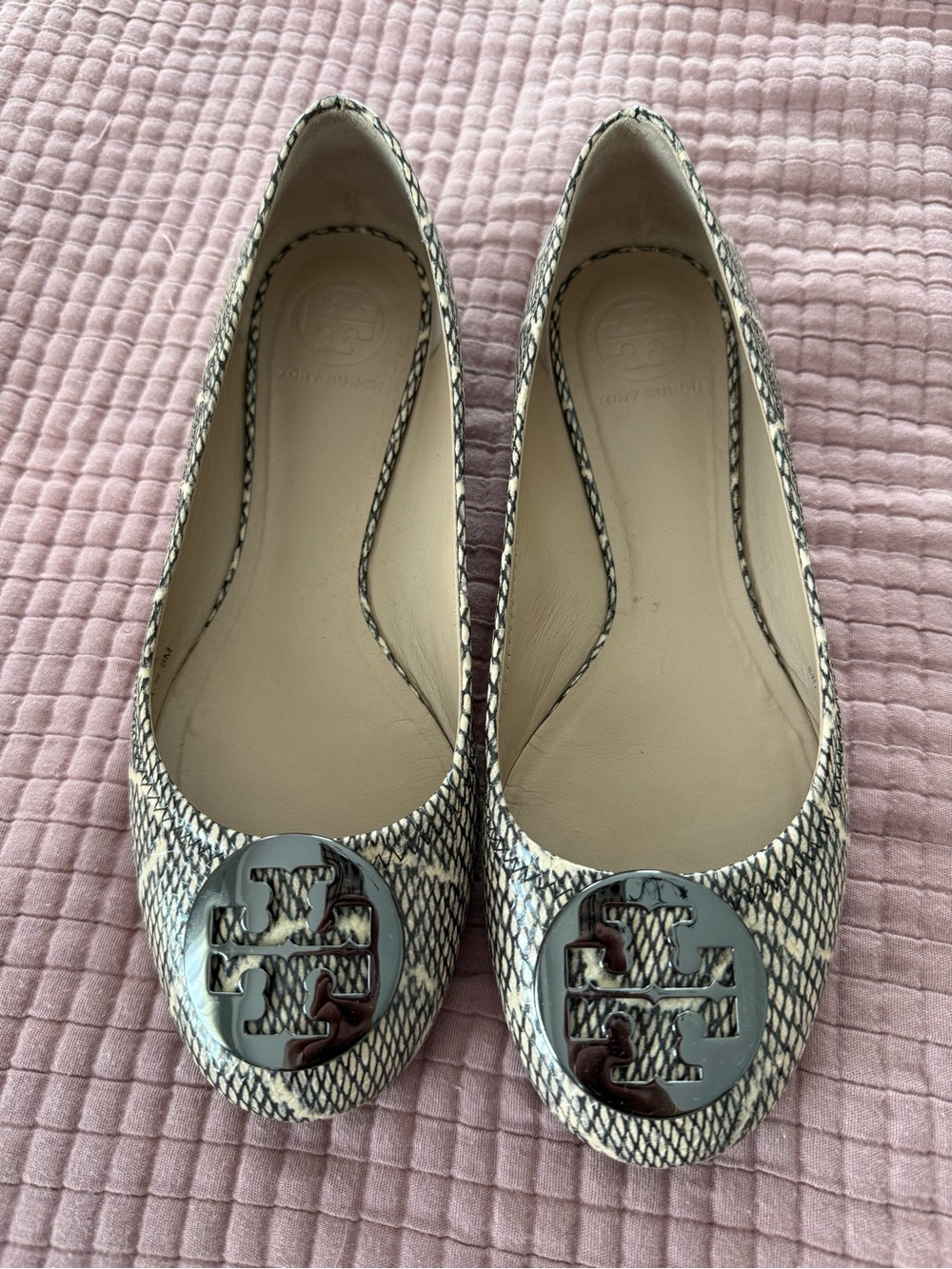 Tory Burch Snake-Print Leather Reva Ballet Flats in Cream/Black 8